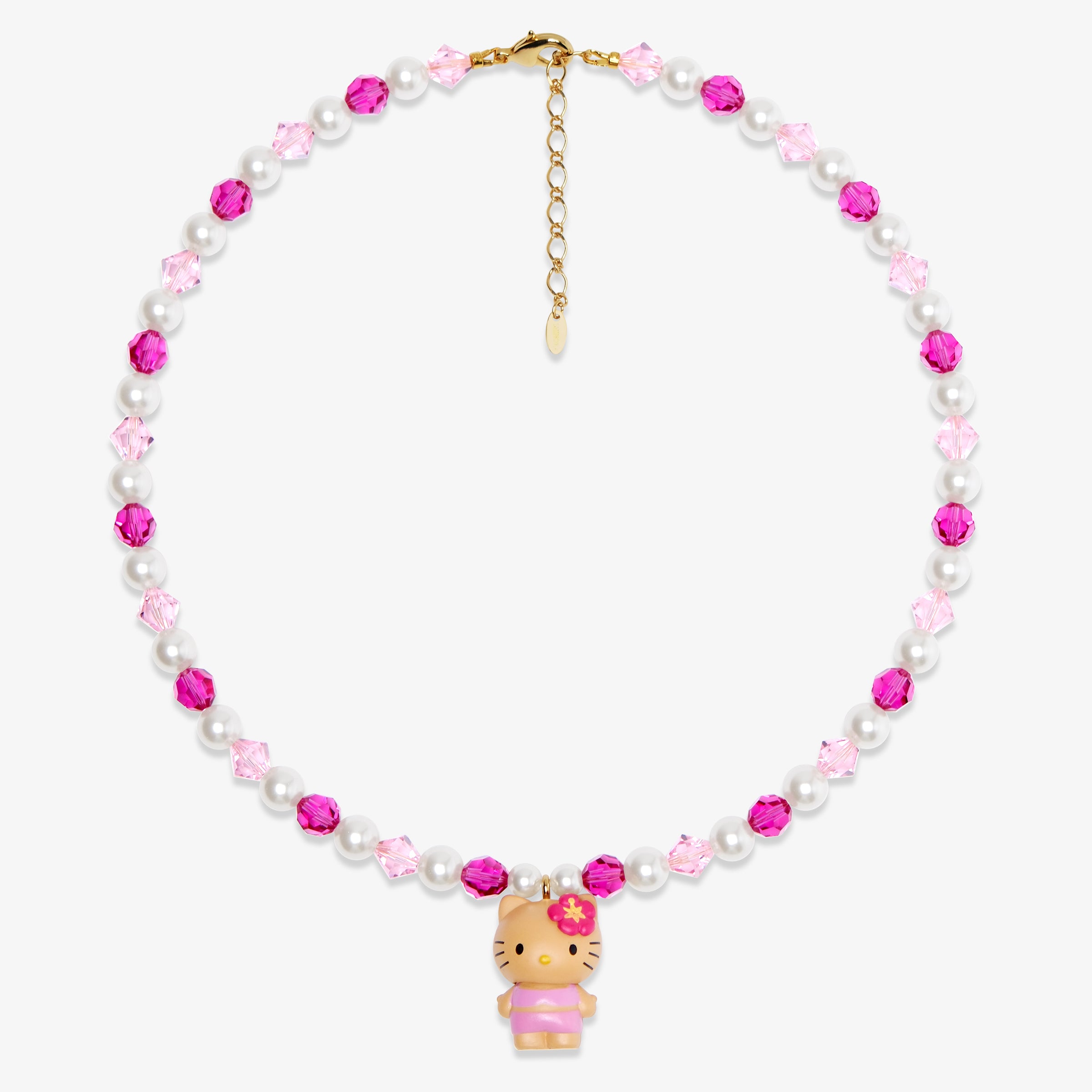 Product photo of a pink pearl cat charm necklace with white pearls, pink crystals, and gold-tone hardware.