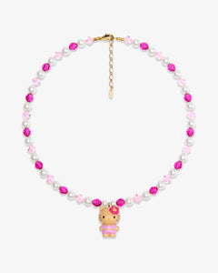 Product photo of a pink pearl cat charm necklace with white pearls, pink crystals, and gold-tone hardware.