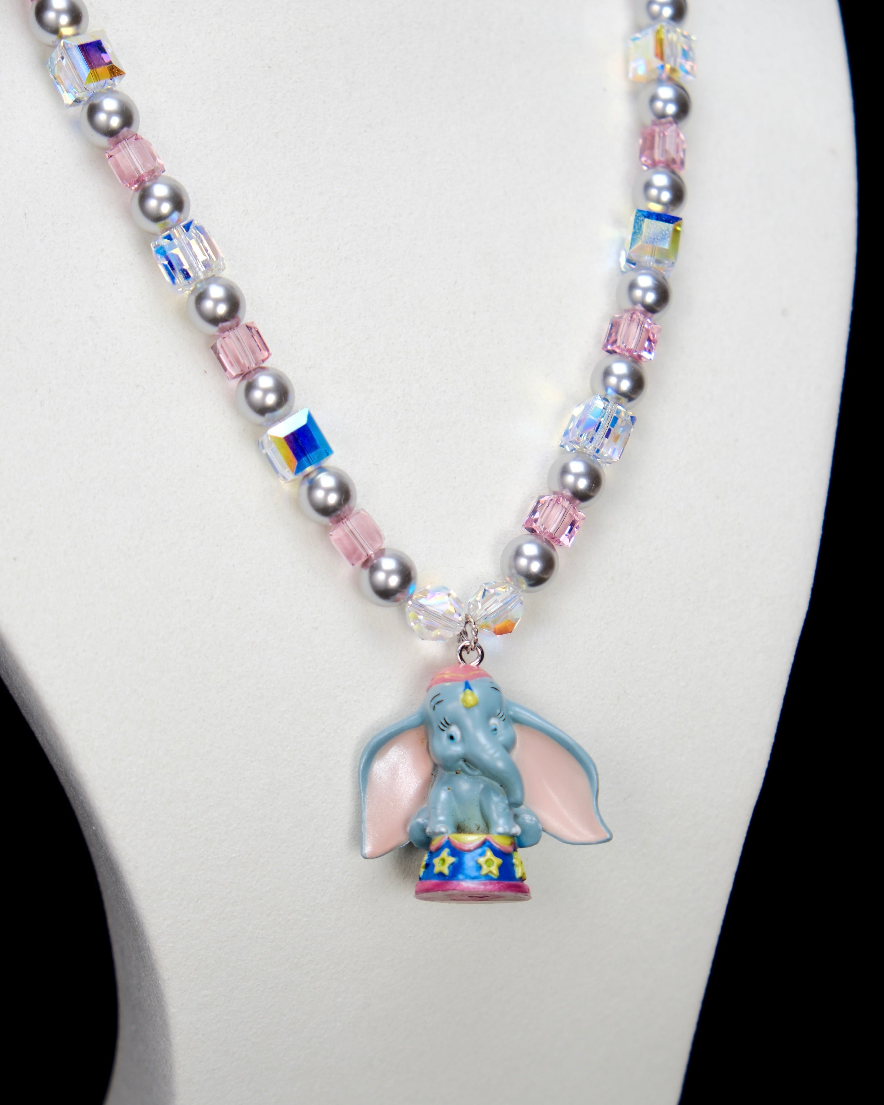 Additional product photo of a blue elephant vintage charm necklace with Swarovski crystals and pearls.