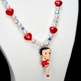 Additional product photo of a red heart vintage charm necklace with Swarovski crystals and pearls.