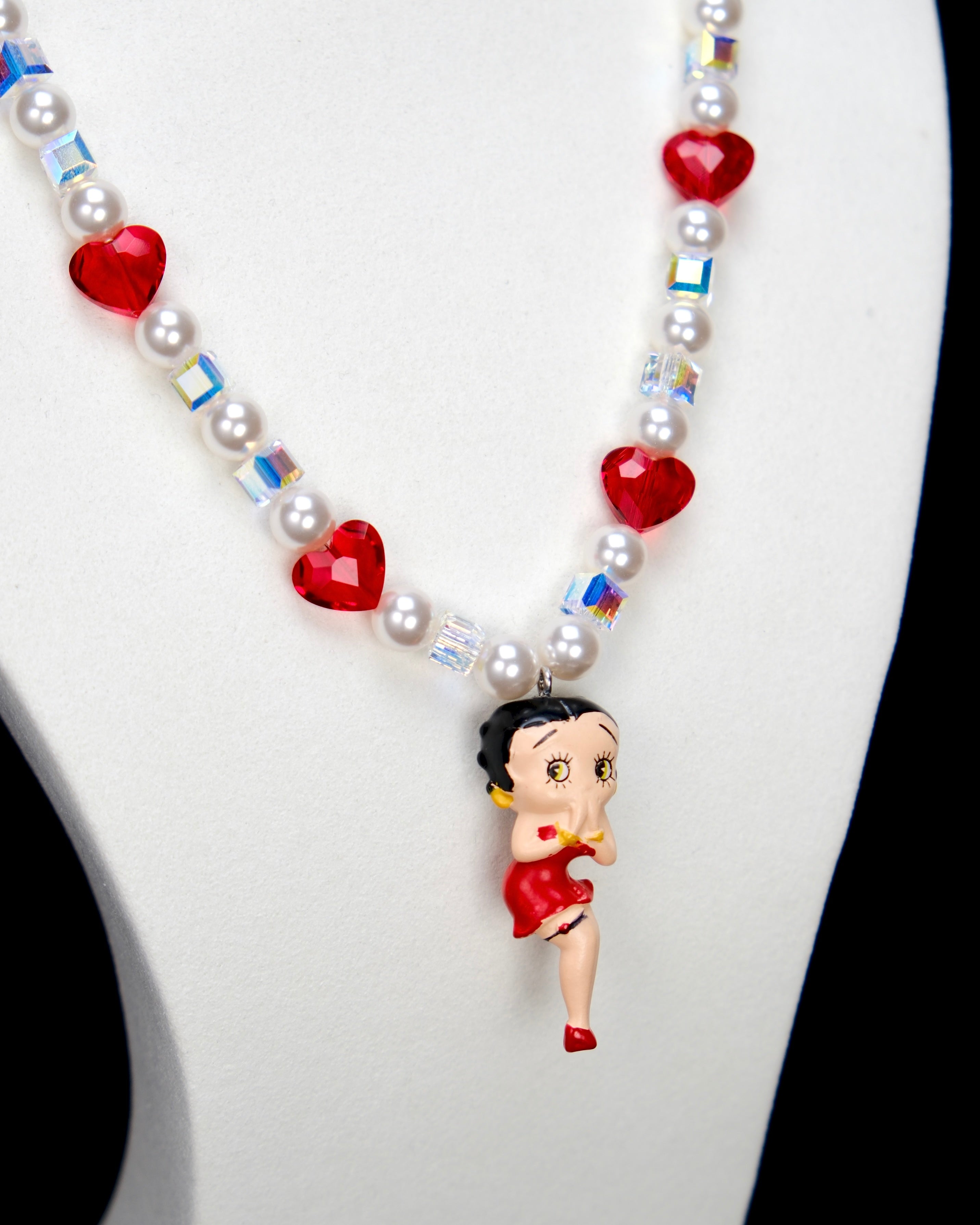 Additional product photo of a red heart vintage charm necklace with Swarovski crystals and pearls.