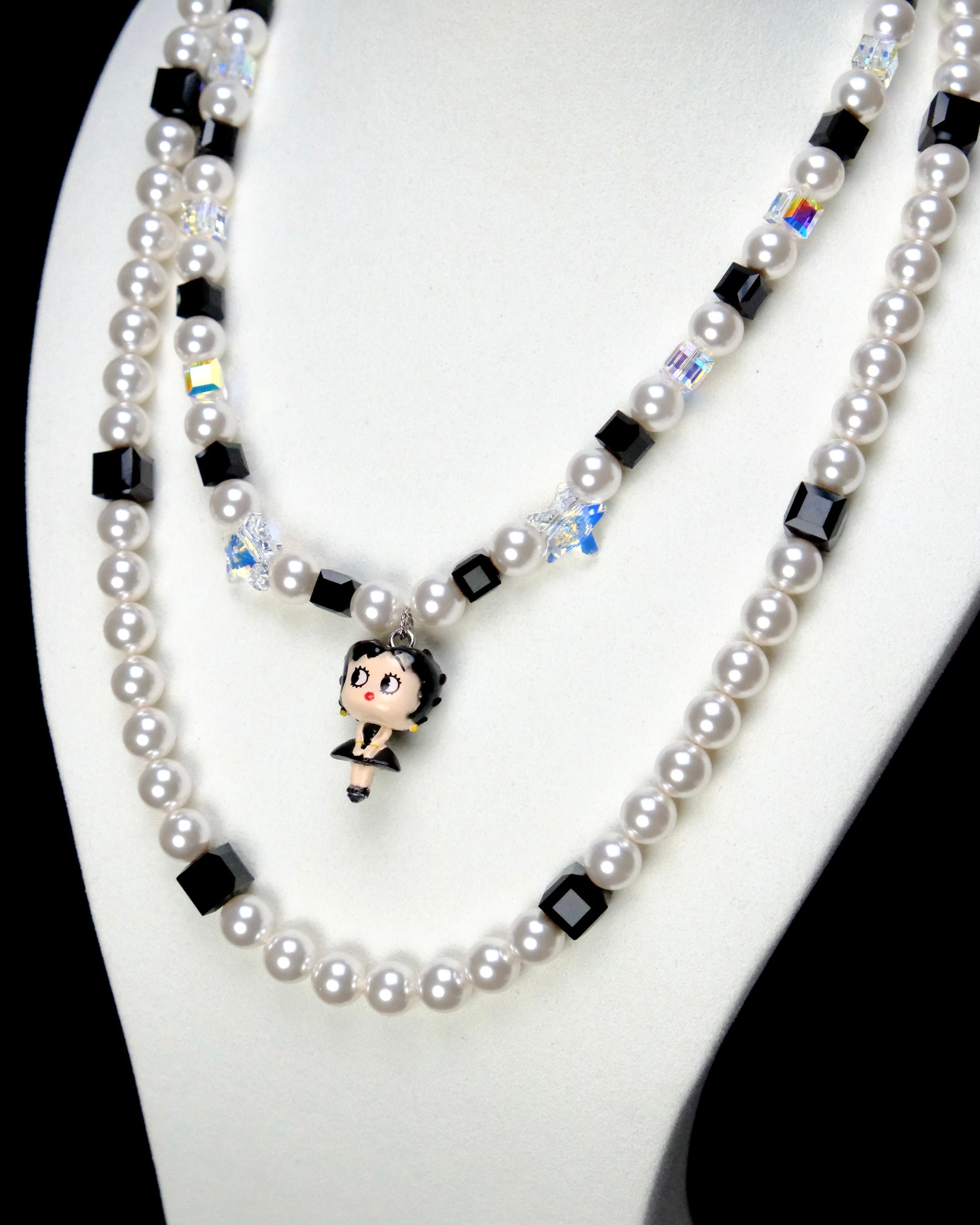 Alternate product photo of Black&White Pearl Charm Necklace by Shinora Studio.