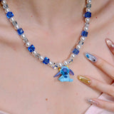 Back view of Blue Creature Necklace · handmade Swarovski crystal jewelry