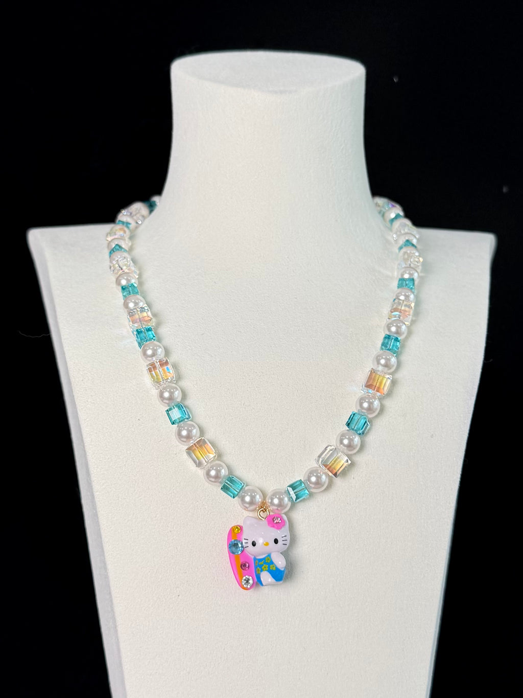 Aqua blue crystal charm necklace with Swarovski pearls - handmade beaded jewelry by ShinoraStudio