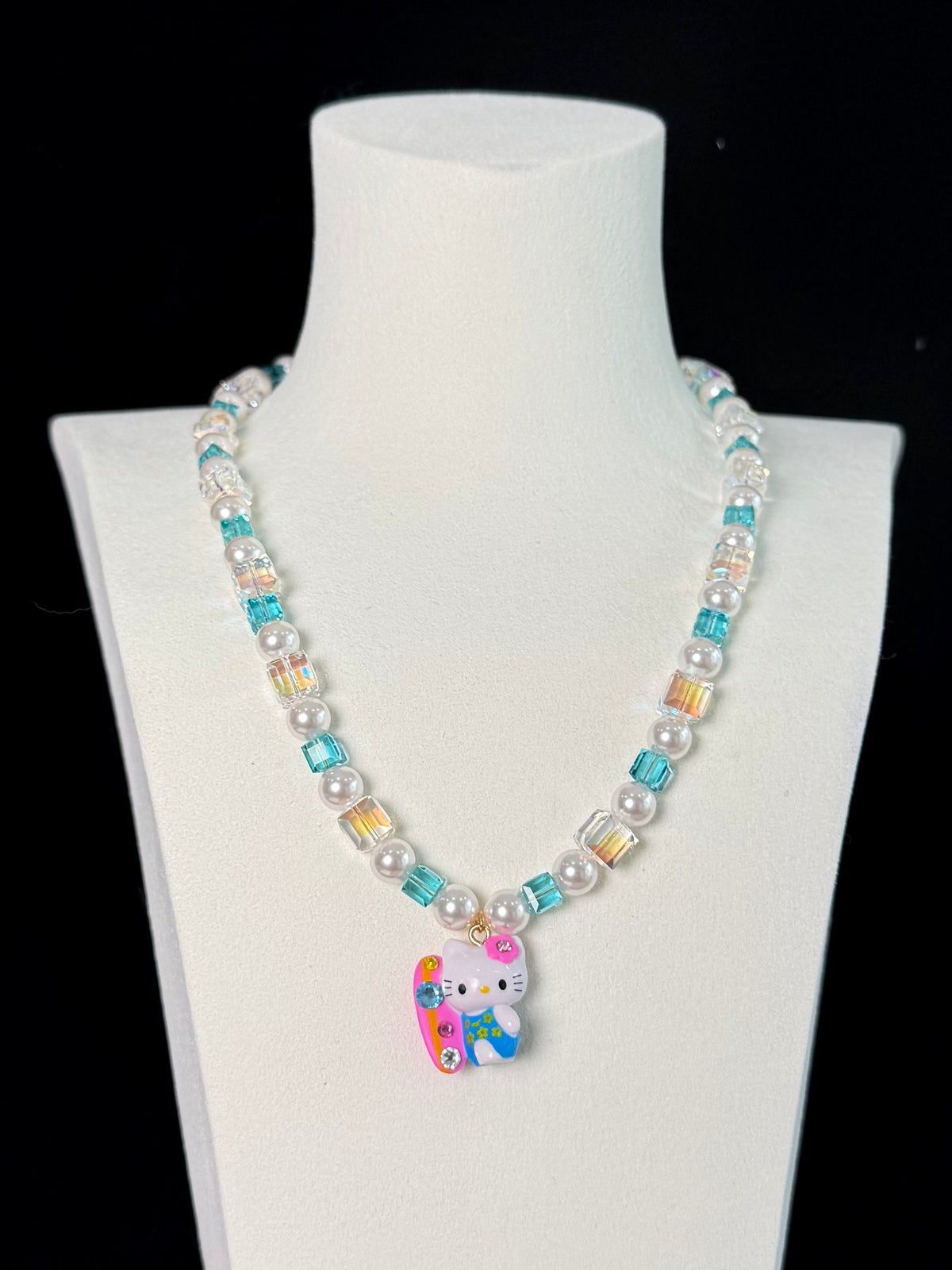 Aqua blue crystal charm necklace with Swarovski pearls - handmade beaded jewelry by ShinoraStudio