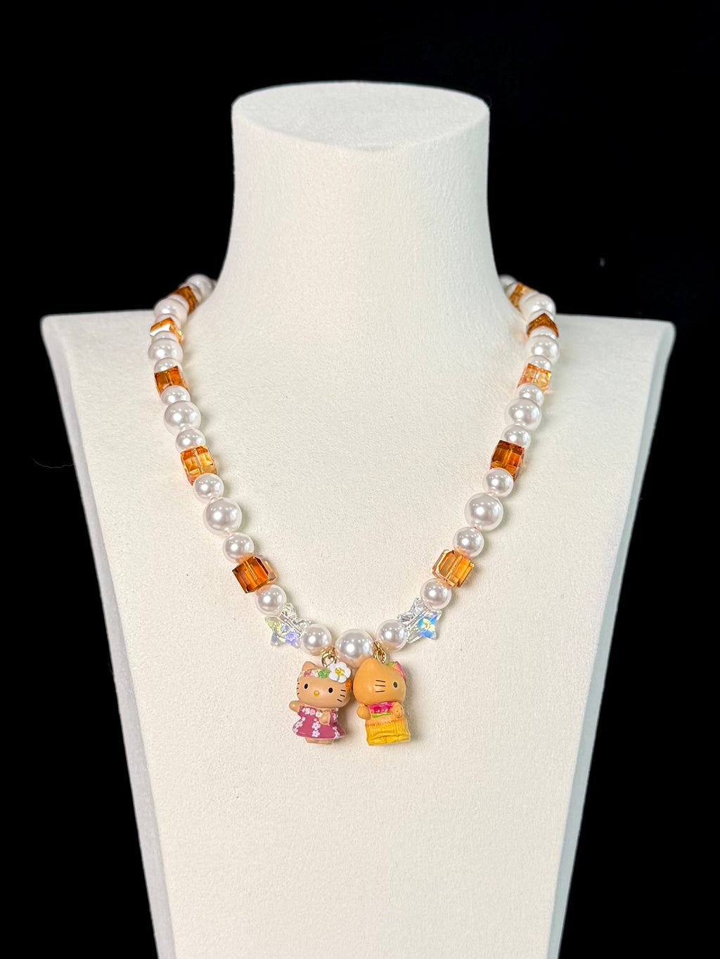 Amber crystal charm necklace with Swarovski pearls and two vintage charms - handmade beaded jewelry