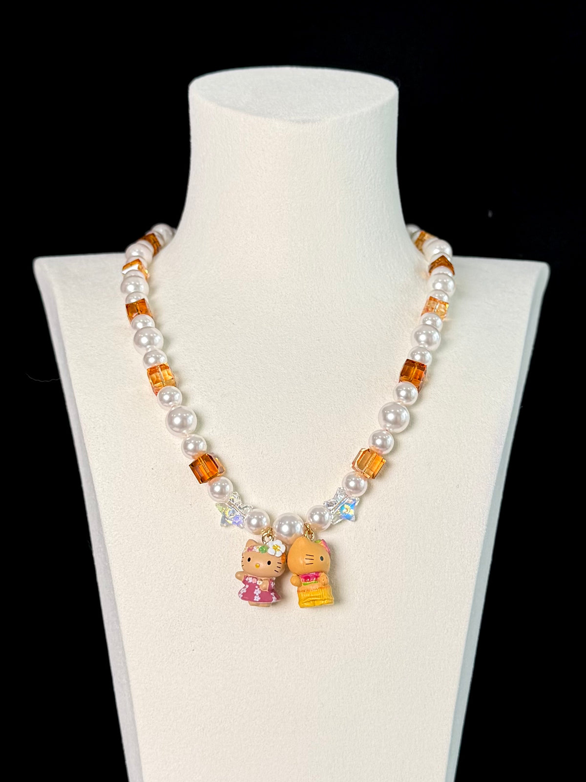 Amber crystal charm necklace with Swarovski pearls and two vintage charms - handmade beaded jewelry