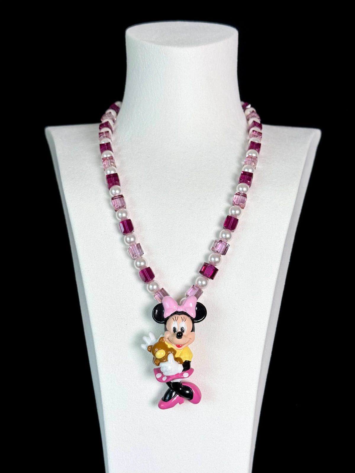 Pink crystal charm necklace with Swarovski pearls and bow pendant - handmade beaded jewelry