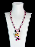Pink crystal charm necklace with Swarovski pearls and bow pendant - handmade beaded jewelry
