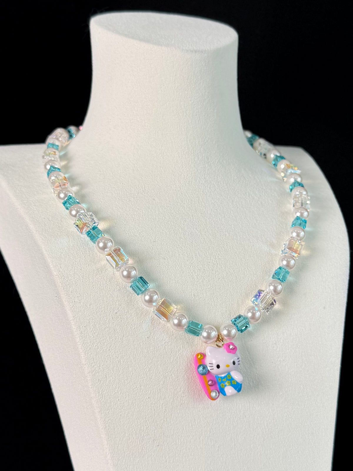 Vintage charm pendant on handmade aqua Swarovski crystal and pearl necklace - unique gift for her