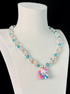 Vintage charm pendant on handmade aqua Swarovski crystal and pearl necklace - unique gift for her