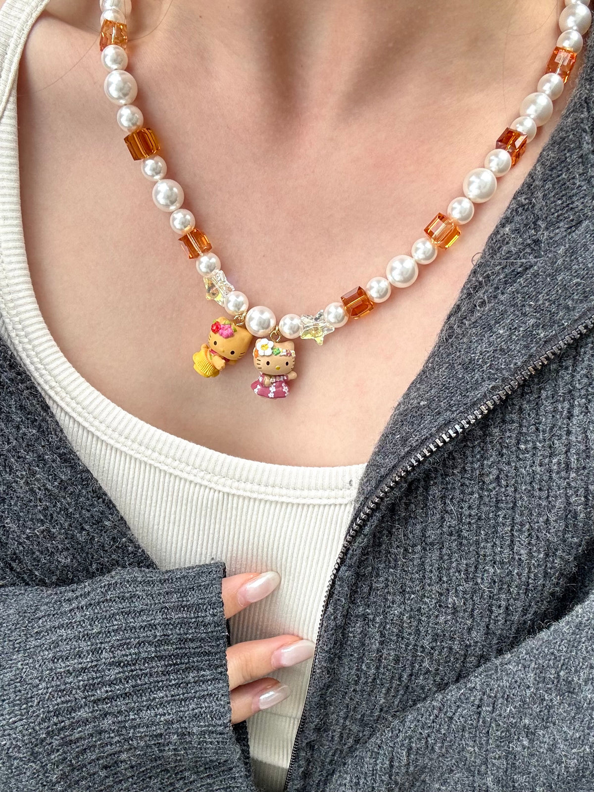 Dual vintage charm pendants on handmade Swarovski crystal and pearl necklace - unique gift for her