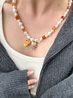 Dual vintage charm pendants on handmade Swarovski crystal and pearl necklace - unique gift for her