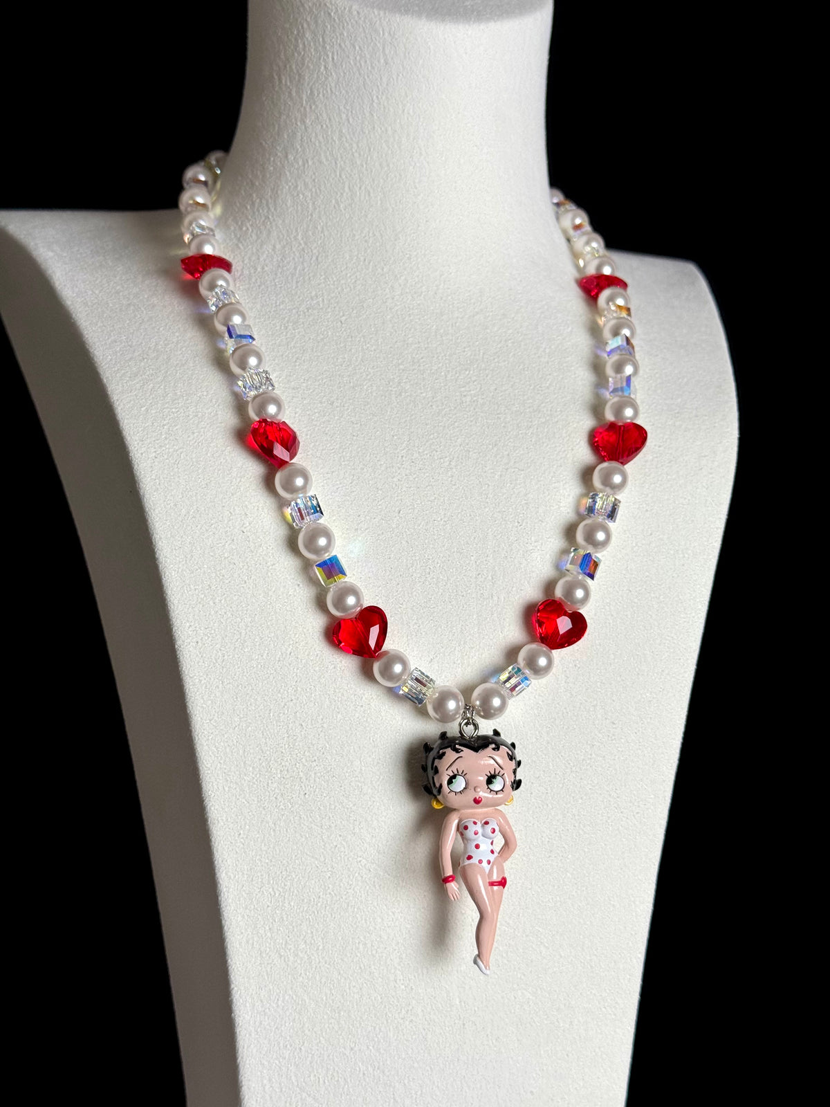  Handmade vintage Betty Boop Swarovski crystal and pearl charm necklace on bust - close view

