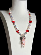  Handmade vintage Betty Boop Swarovski crystal and pearl charm necklace on bust - close view

