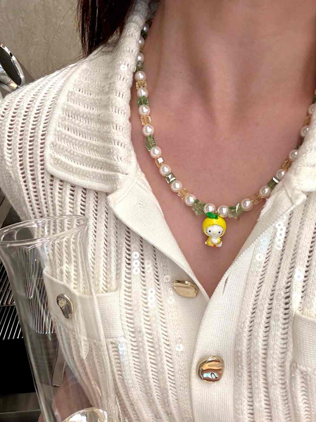 Vintage charm pendant on handmade green Swarovski crystal and pearl necklace - unique gift for her