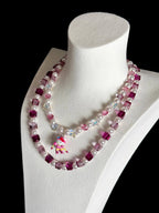 Model wearing handmade pink crystal double-layer charm necklace with Swarovski beads and pearls