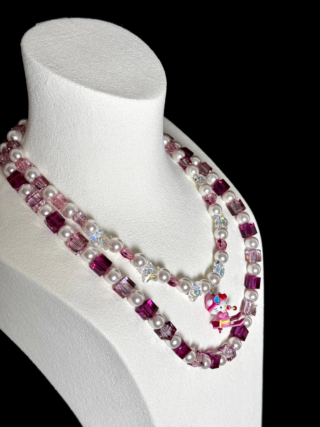 Double-layer design close-up on handmade pink Swarovski crystal charm necklace by ShinoraStudio