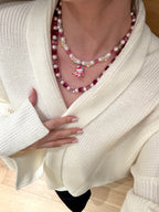 Vintage charm pendant on handmade pink Swarovski crystal double-layer necklace - unique gift for her