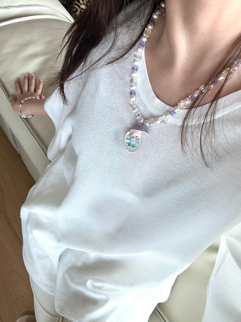 Shell charm pendant on handmade Swarovski crystal and pearl necklace - unique gift for her