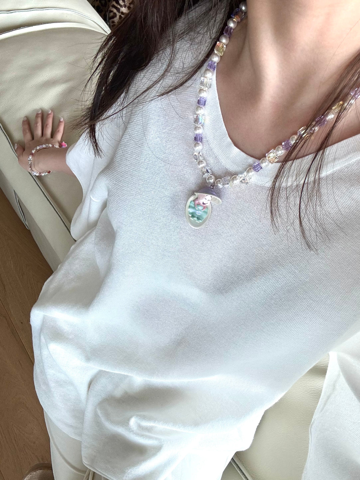 Shell charm pendant on handmade Swarovski crystal and pearl necklace - unique gift for her