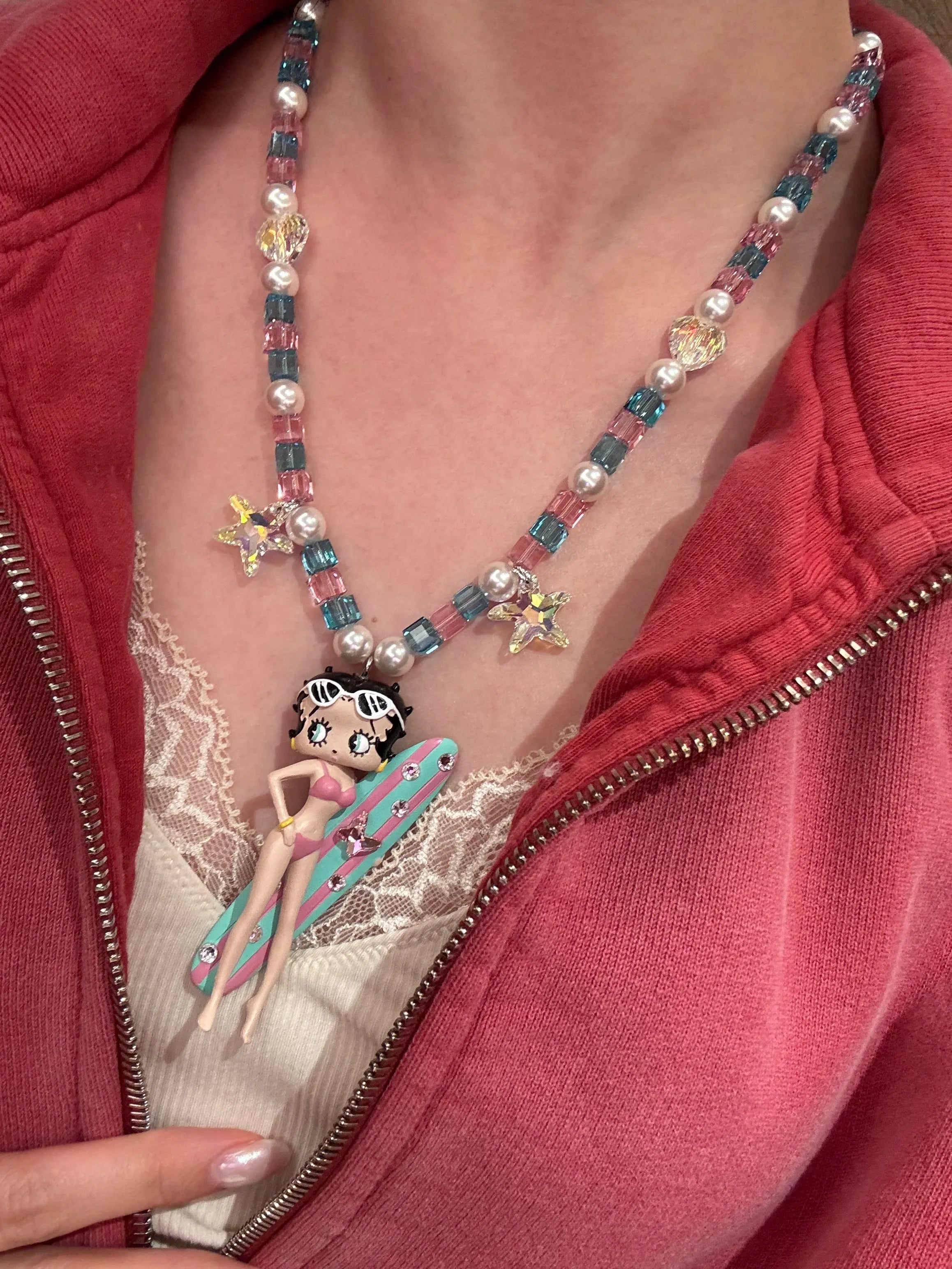 Pink Star Surf Vintage Charm Swarovski Necklace