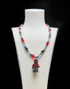 Red and black crystal charm necklace with Swarovski pearls - handmade beaded jewelry by ShinoraStudio