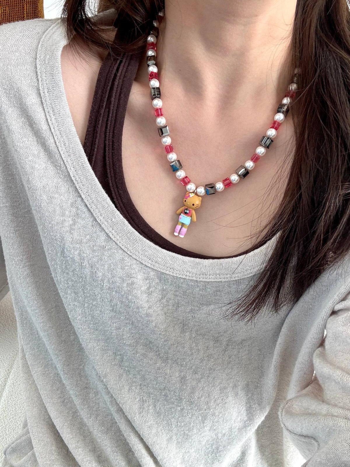 Vintage charm pendant on handmade black Swarovski crystal and pearl necklace - unique beaded jewelry