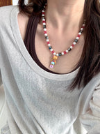 Vintage charm pendant on handmade black Swarovski crystal and pearl necklace - unique beaded jewelry