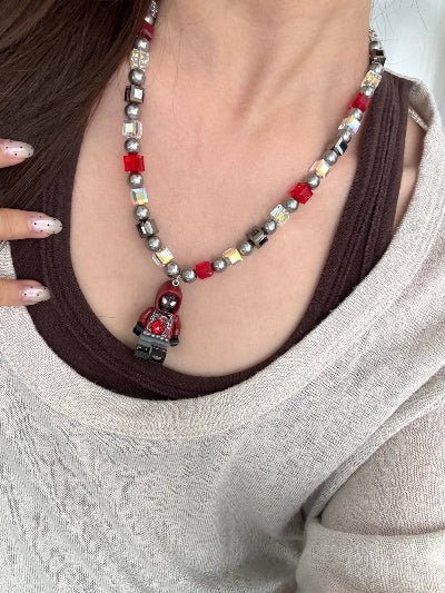 Vintage charm pendant on handmade red Swarovski crystal and pearl necklace - unique beaded jewelry