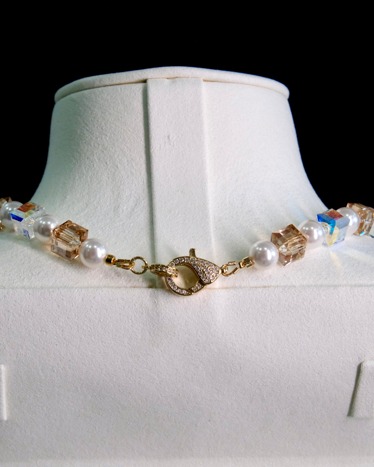 Handmade crystal charm necklace clasp detail - Swarovski beads and pearl accents