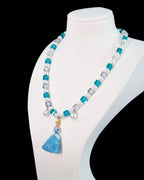 Vintage charm pendant on handmade blue Swarovski crystal and pearl necklace - unique gift for her
