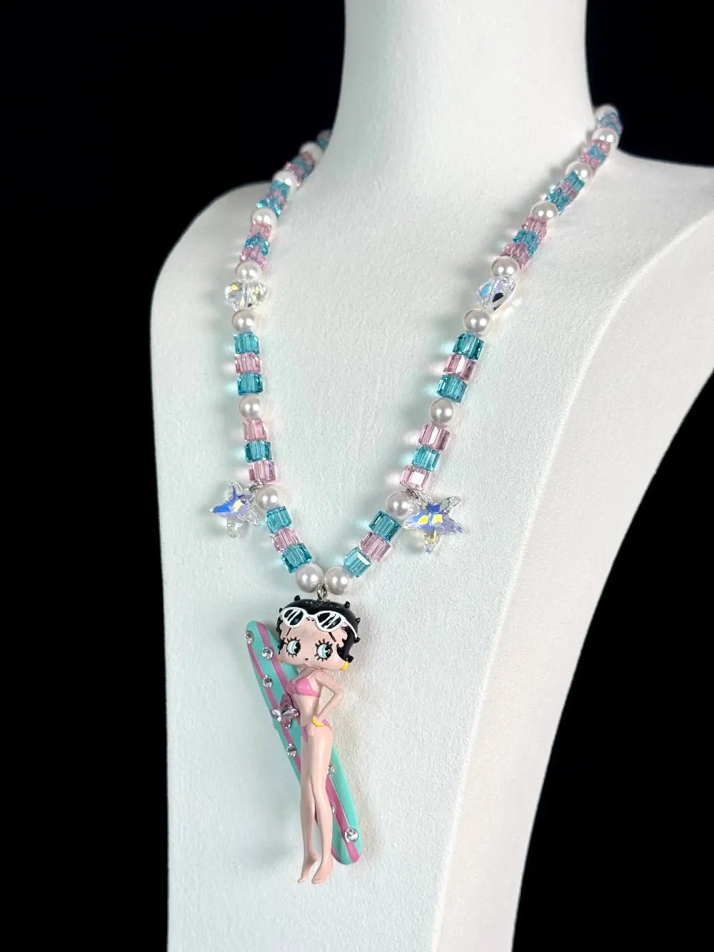 Handmade Betty Boop Swarovski crystal and pearl charm necklace on bust - iridescent pink white beads