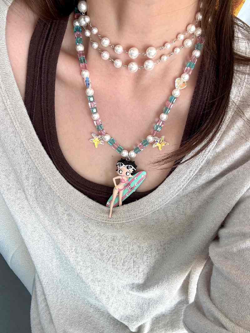 Model wearing Betty Boop vintage charm Swarovski necklace - handmade beaded jewelry by ShinoraStudio