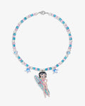 Handmade Betty Boop vintage charm Swarovski necklace with pink iridescent crystals and pearls - flat lay