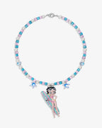 Handmade Betty Boop vintage charm Swarovski necklace with pink iridescent crystals and pearls - flat lay