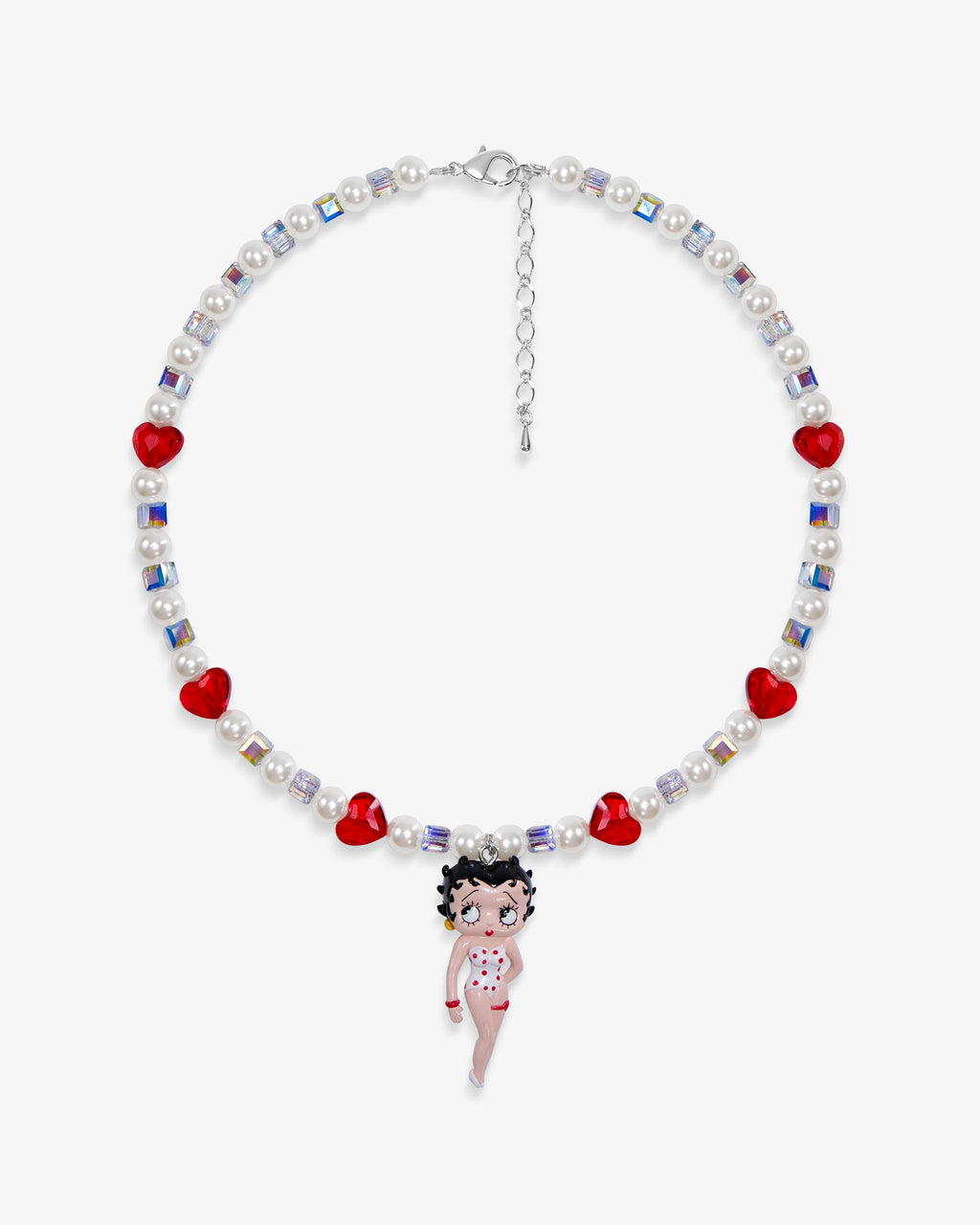 Handmade vintage Betty Boop charm Swarovski necklace with white and red crystals and pearls - flat lay


