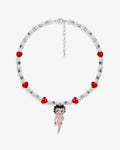 Handmade vintage Betty Boop charm Swarovski necklace with white and red crystals and pearls - flat lay

