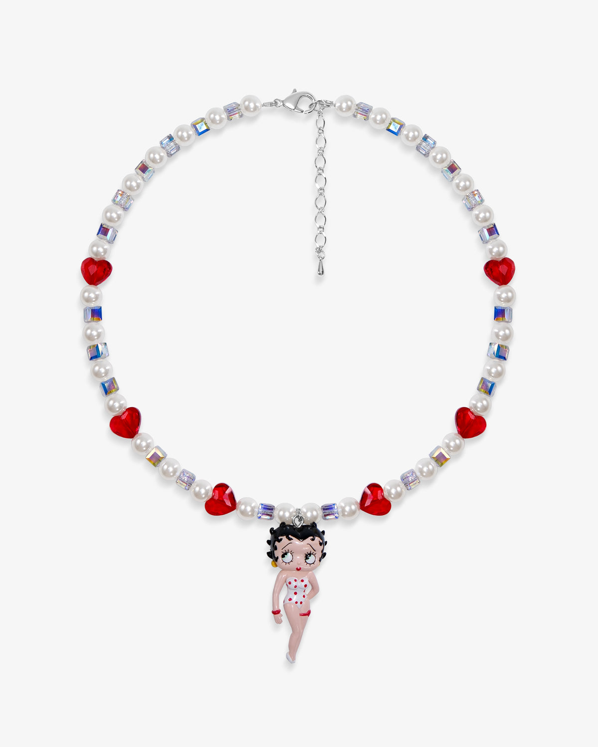 Handmade vintage Betty Boop charm Swarovski necklace with white and red crystals and pearls - flat lay

