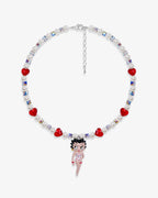 Handmade vintage Betty Boop charm Swarovski necklace with white and red crystals and pearls - flat lay


