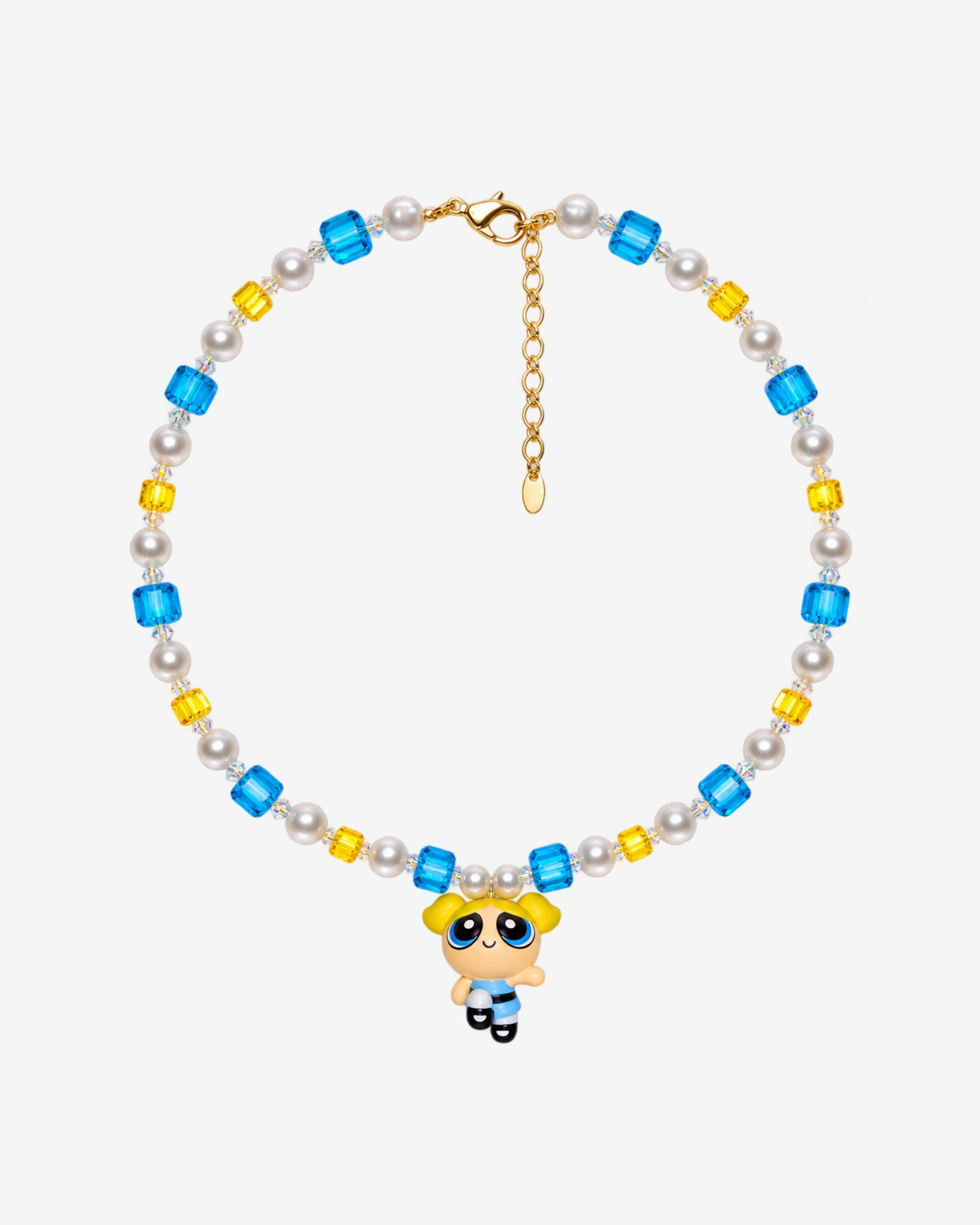 Necklace with blue and yellow Swarovski crystals, white crystal pearls and a blonde girl charm with pigtails and a blue dress.