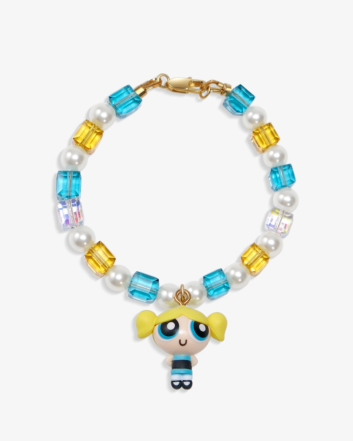 Handmade vintage Bubbles Powerpuff Girls charm bracelet with Swarovski crystals and pearls - white blue beads