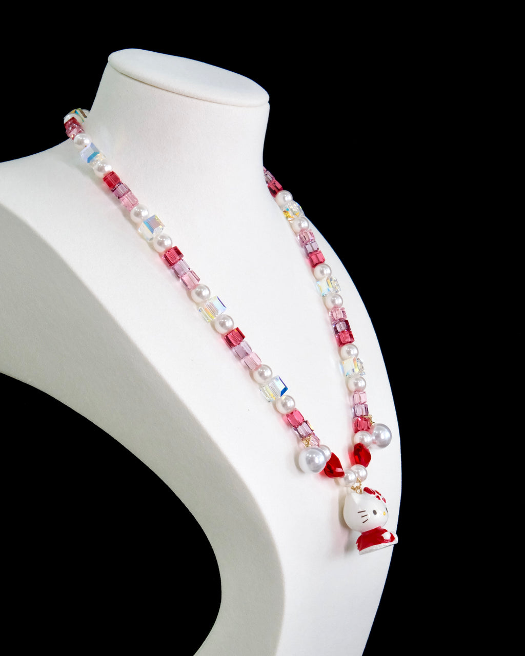 Vintage charm with ruby Swarovski heart crystals on handmade pearl necklace - unique gift for her