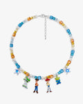 Coquette Y2K multi-charm Swarovski necklace with four vintage Toy Story character pendants - blue amber pastel rainbow