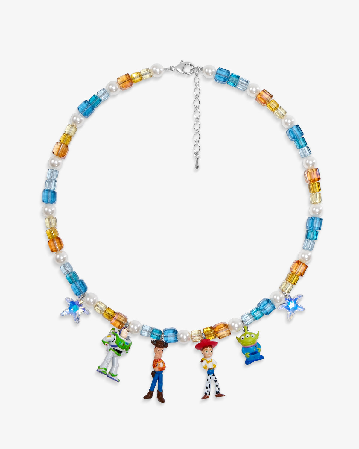 Coquette Y2K multi-charm Swarovski necklace with four vintage Toy Story character pendants - blue amber pastel rainbow