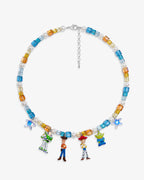 Coquette Y2K multi-charm Swarovski necklace with four vintage Toy Story character pendants - blue amber pastel rainbow