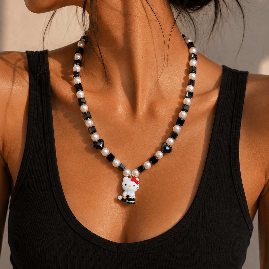 Product photo of Noir Court Crystal Charm Necklace by Shinora Studio.