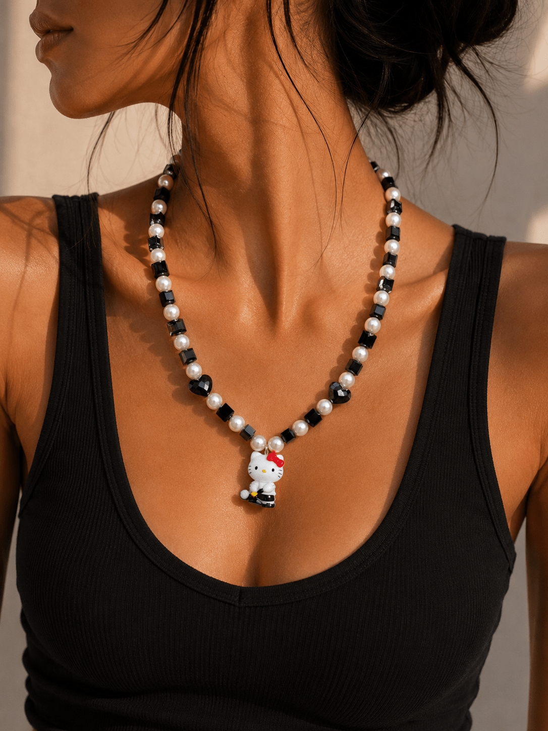 Product photo of Noir Court Crystal Charm Necklace by Shinora Studio.