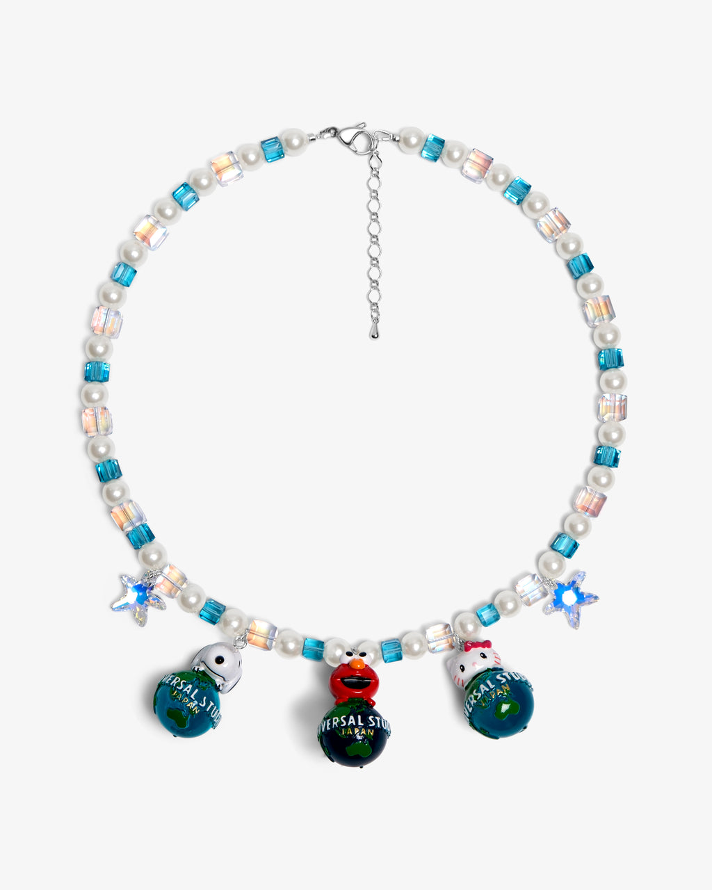 Handmade vintage charm Swarovski necklace with sky-blue crystals, iridescent AB beads and white pearls - flat lay