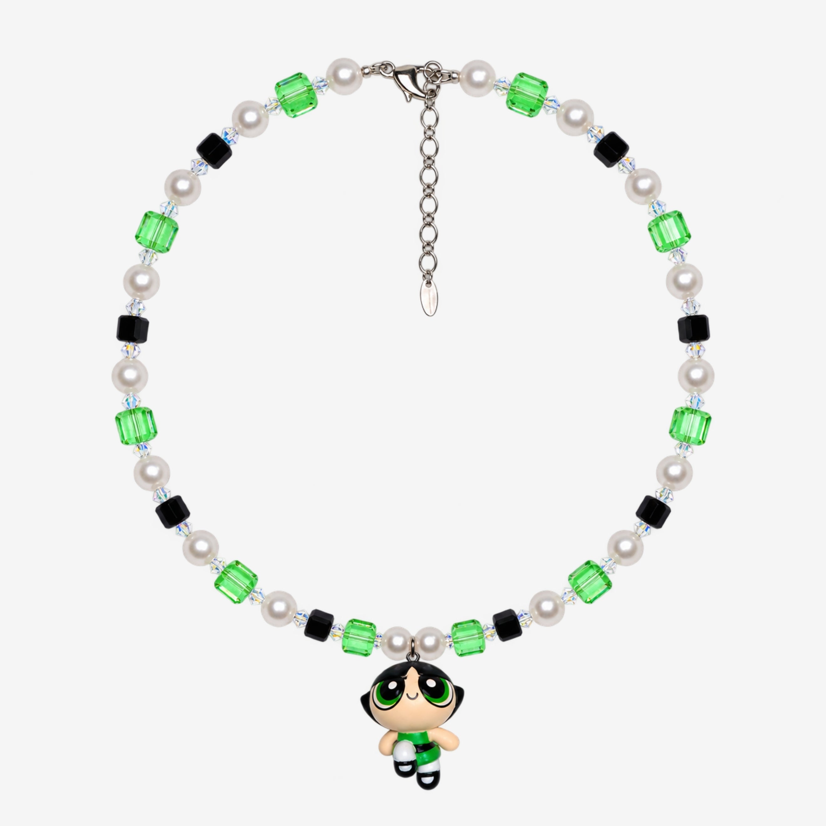 Necklace with green and black Swarovski crystals, white crystal pearls and a green-eyed girl charm wearing a green dress.